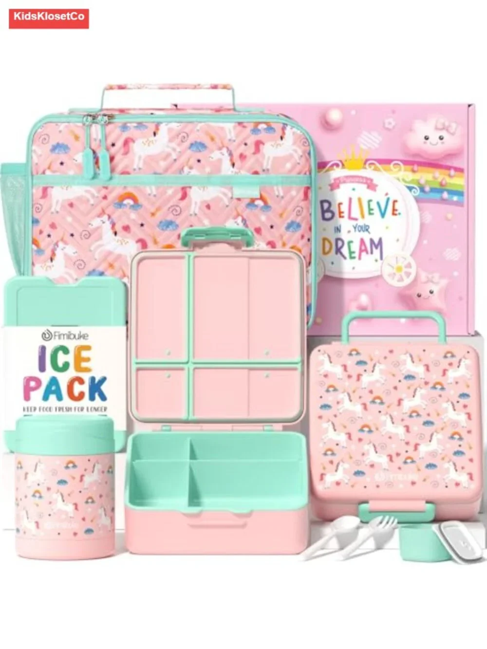 Kids Bento Lunch Box Set with Insulated Bag, Thermos, Utensils, Ice Pack, 4